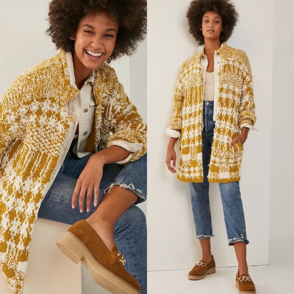 Anthropologie Shaina sweater coat in chartreuse and white